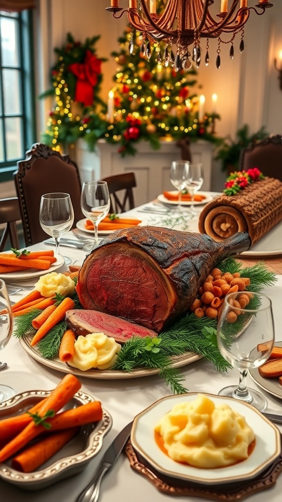 Luxury Christmas Dinner Recipe A luxurious Christmas dinner featuring prime rib, mashed potatoes, carrots, and yule log on a beautifully set table.